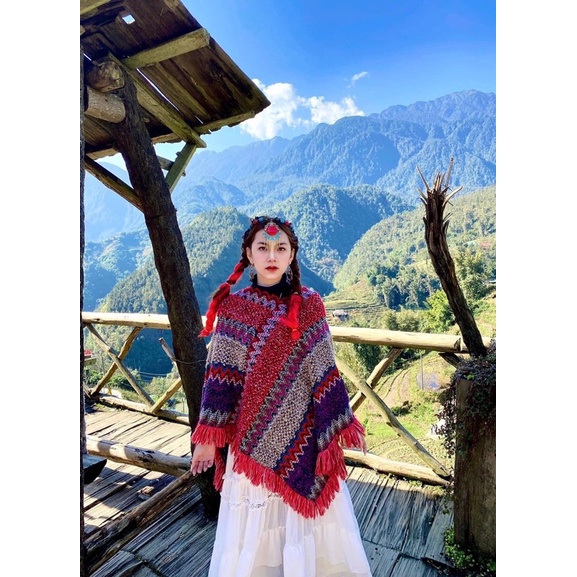 Áo Choàng Thổ Cẩm Bohemian Màu đỏ pha tím