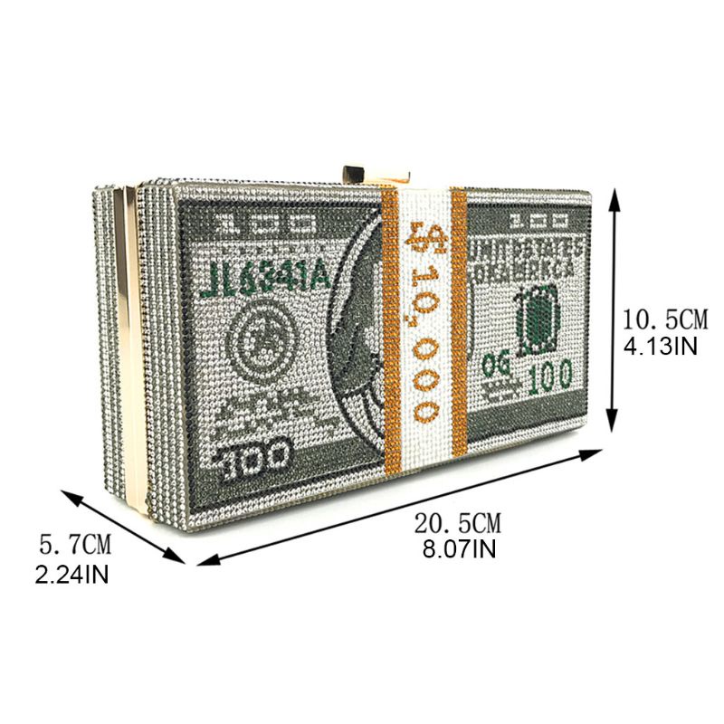 Money Clutch for Rhinestone Purse 10000 Dollars Stack of Cash Evening Handbags