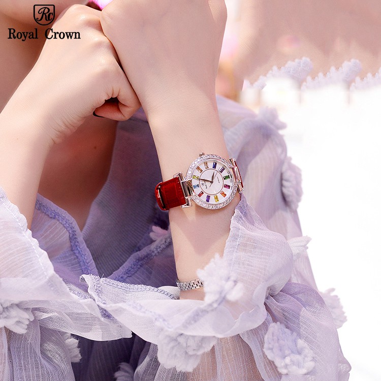 Đồng hồ nữ chính hãng dây da Royal Crown 4604 chống nước, đính đá cao cấp, đeo tay đẹp, sang chảnh