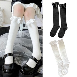 Đôi Vớ Dài Qua Gối Màu Trơn Trang Trí Nơ Ren Phong Cách Lolita Dành Cho Nữ