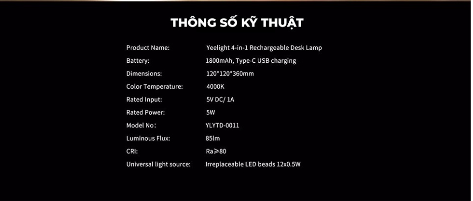 Mô tả Đèn bàn Yeelight YLYTD0011 đa năng 4 biển thể sử dụng, điều khiển cảm ứng, pin sạc 1800mah - 7