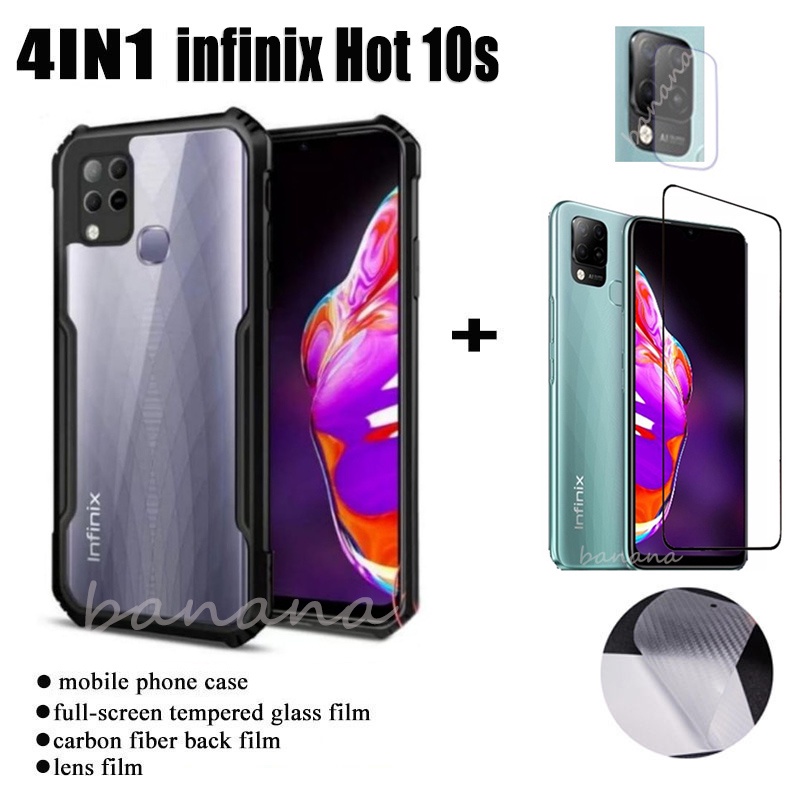 (4IN1) Infinix Hot 10s hot 10 9 Play Zero 8 SMART 5 Camon 16 pova 2 Vỏ điện thoại chống sốc + màng kính cường lực + màng mặt sau bằng sợi carbon + màng ống kính