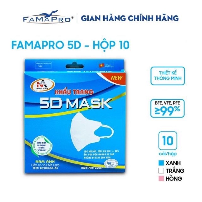 [Mã COSDAY59 -10% đơn 150K] Khẩu trang 5D Màu Trắng Famapro thuộc công ty Nam Anh hộp 10 chiếc dày 3 lớp vải không dệt
