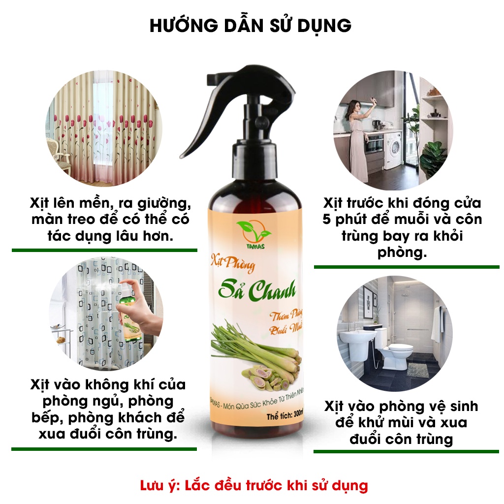 Ảnh Xịt phòng Sả chanh chai 300ml TAMAS, được chiết xuất từ tinh dầu thiên nhiên, an toàn, thơm phòng, khử mùi, kháng khuẩn. 3