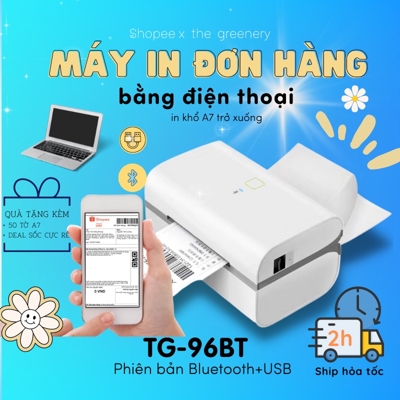 Máy in nhiệt TG-96BT (Khổ A7) kết nối Bluetooth In Đơn Hàng bằng Điện Thoại, sàn TMĐT, Tem, Mã Vạch,