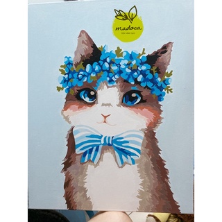 Tranh tô màu số hóa Madoca có khung 40x50cm Mèo nơ xanh T74
