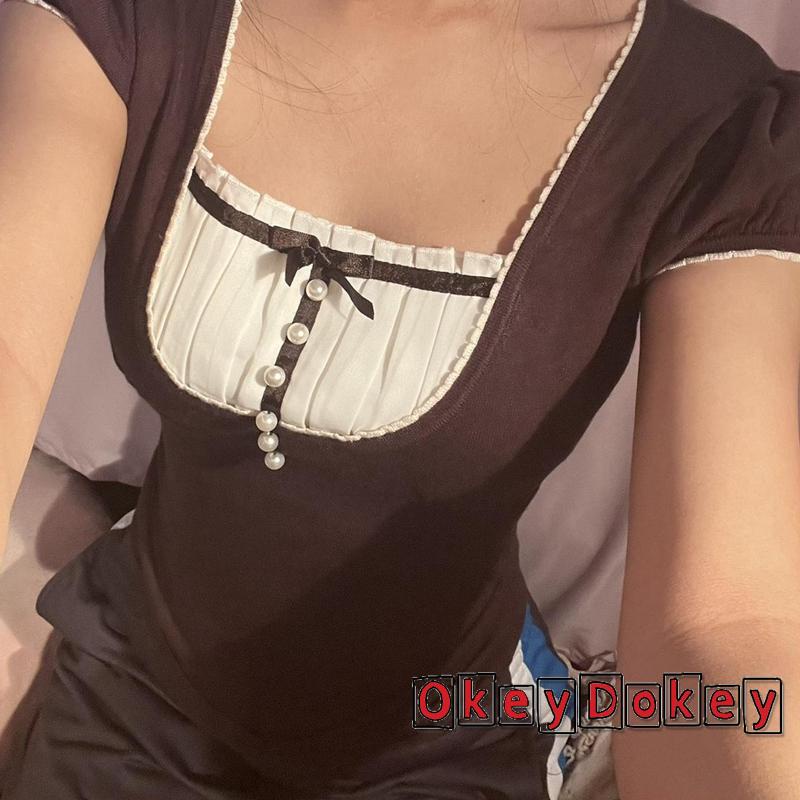 Áo croptop cổ vuông tay phồng đính nơ phong cách Hàn Quốc cổ điển cho nữ Y2K