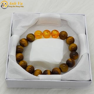 Vòng tay phong thủy mệnh thổ tỵ dậu sửu - chất liệu mắt hổ vàng nâu - có khai quang may mắn tài lộc