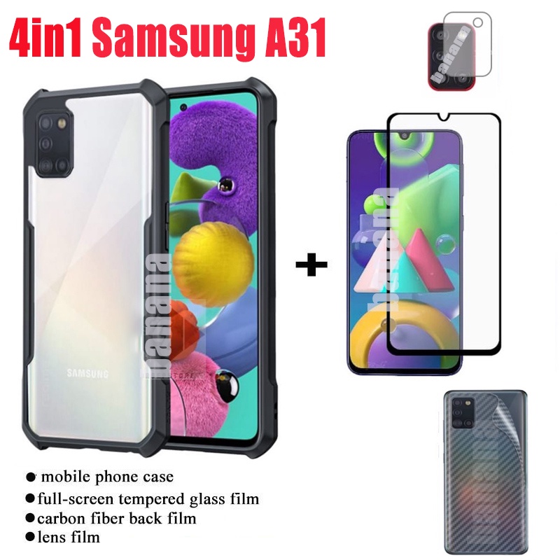 Ốp điện thoại Samsung Galaxy A31 Samsung A22 5G A52 A72 A32 A42 Ốp điện thoại chống sốc + màng kính cường lực + Phim mặt sau bằng sợi Carbon + Phim ống kính máy ảnh