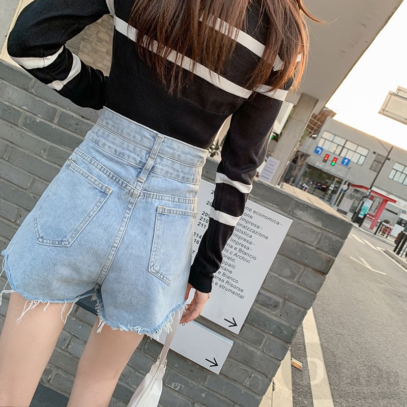 Ảnh Quần Short Jean Lưng Cao Dáng Rộng Rách Gối Phong Cách Hàn Quốc Thời Trang Mùa Hè Hàng Mới 4