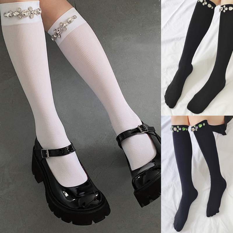 KIN Nữ Mùa Hè Sọc Co Giãn Đầu Gối Preppy Phong Cách Gothic Màu Giả Pha Lê Kim Cương Vớ