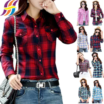 Áo sơ mi nữ ca rô Áo sơ mi Cotton mềm mại Áo sơ mi phong cách Hàn Quốc Slim Fit dài tay kẻ sọc Kasual Baju Áo Wanita Áo thun nữ Áo thun