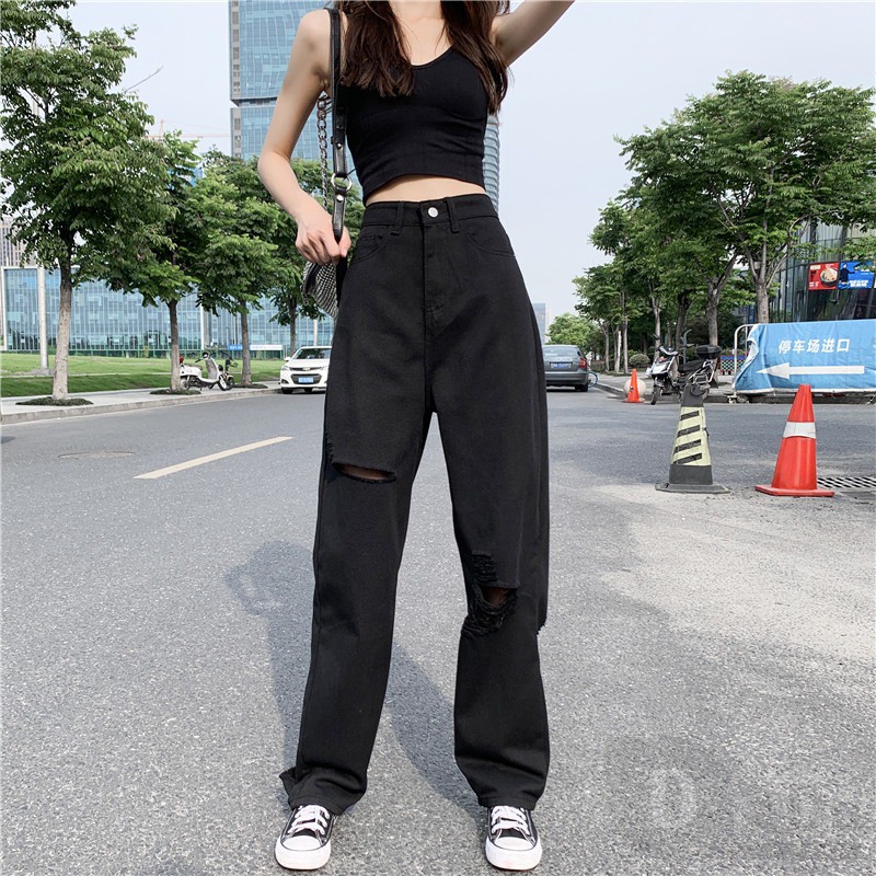 Ảnh Hot HÀNG Quần Dài Cổ Rách Cao Cấp Denim Plus Size Quần Sàn Thẳng Rời Đơn Giản Lỗ Quần 2