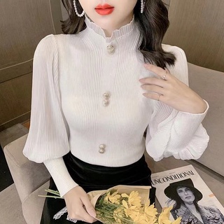 Áo Dệt Kim Nữ Tay Dài Cổ Cao Ôm Dáng Phong Cách Hàn Quốc baju baju wanita Lenan panjang