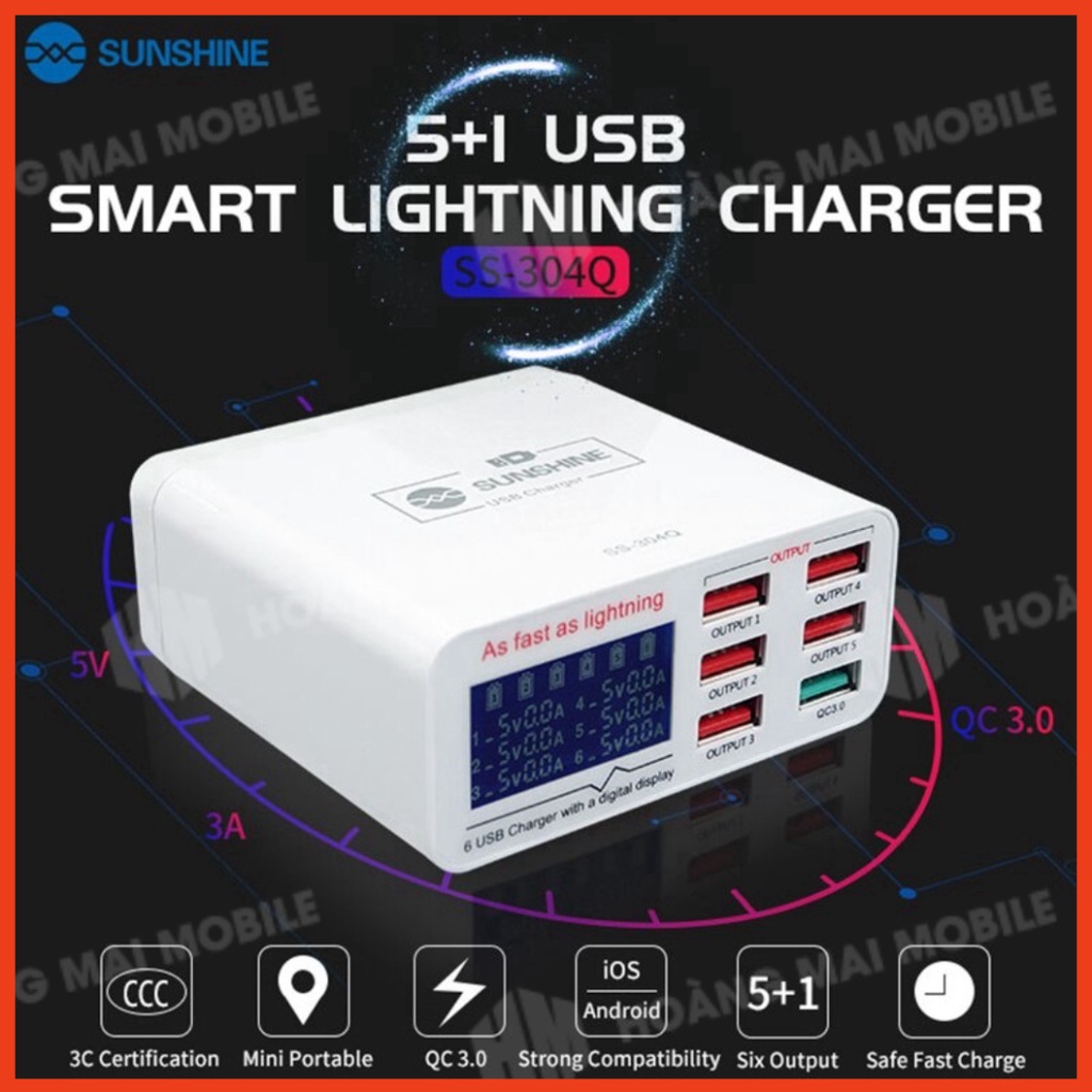 Sạc nhanh SUNSHINE SS-304Q 40W 6 cổng: 4 USB-A + QC3.0 + Type-C/PD