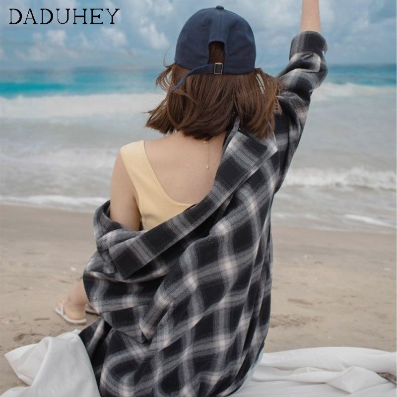 Ảnh Áo khoác sơ mi DADUHEY tay dài kẻ sọc ca rô kiểu retro Hàn Quốc cá tính cho nam và nữ 3 màu lựa chọn 4