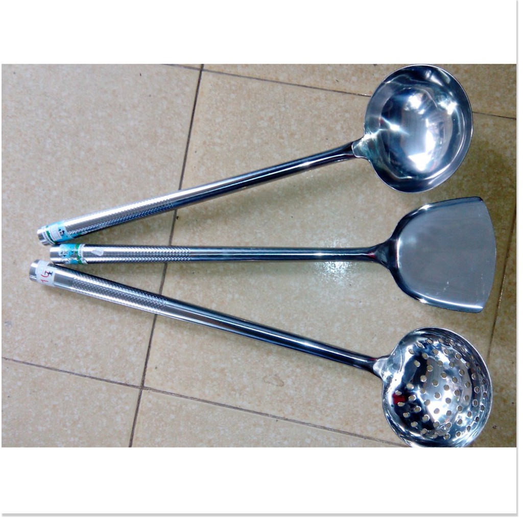 Bộ 3 muôi canh, xẻng xào, xẻng lật inox size đại dành cho bếp ăn tập ...