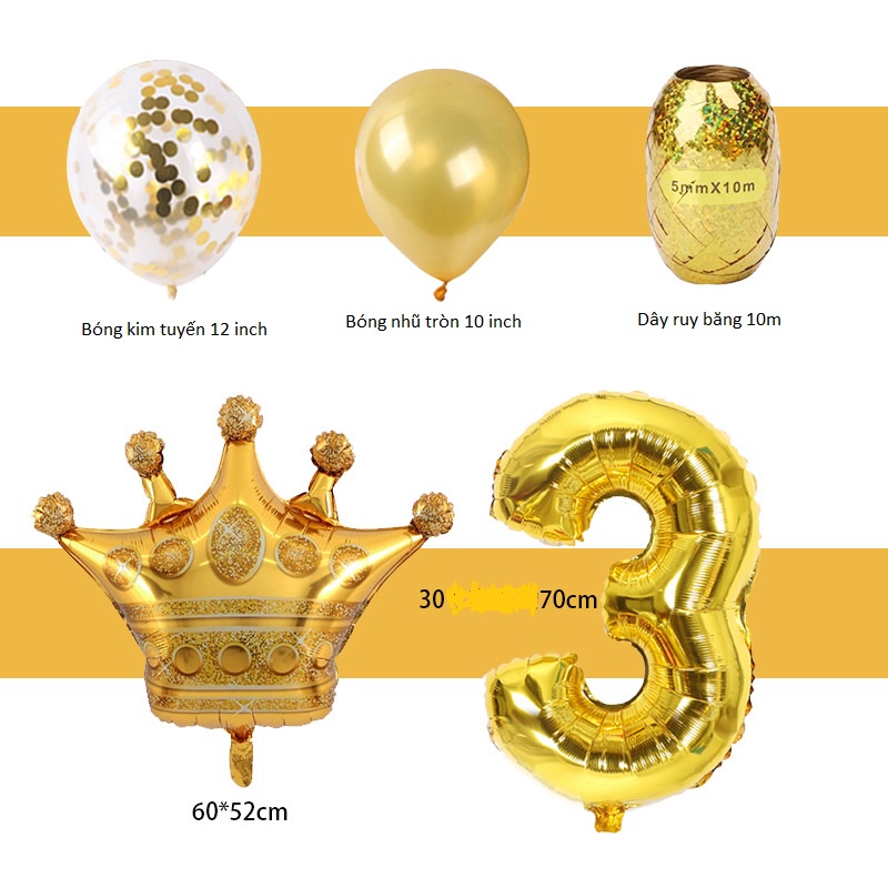 Set bóng vương miện, bóng kim tuyến, bóng nhũ và số màu vàng gold phong cách hiện đại trang trí sinh nhật - K145