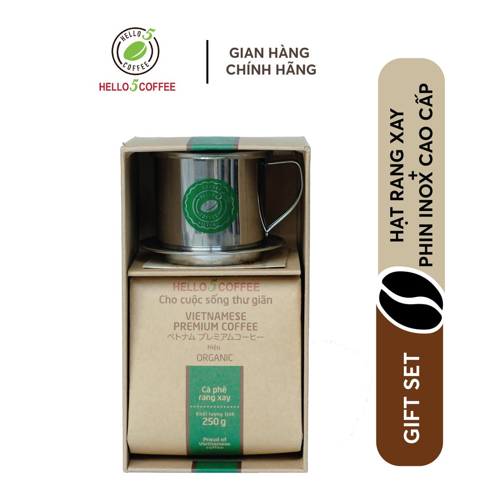 Hello 5 Coffee Giftset - Cafe Pha Phin ORGANIC 250g + Phin Inox cao cấp