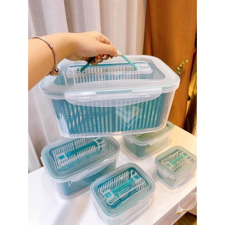 Bộ 5 hộp đựng đồ thực phẩm tủ lạnh đa năng 2 ngăn có nắp đậy