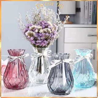 Lọ hoa thủy tinh đa giác De'cor 90, bình hoa thủy tinh cổ kèm dây nơ