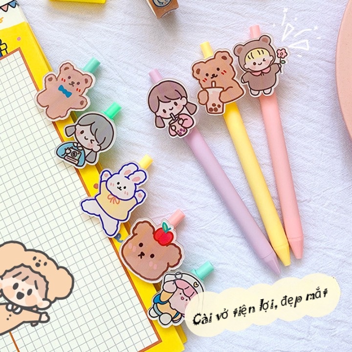 Bút bi cute nước xanh đen tùy đợt hàng bấm màu gel gắn kèm sticker cứng cưng sỉu