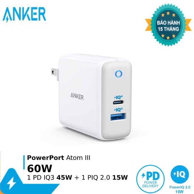 Sạc ANKER 60w PowerPort Atom III 2 cổng sạc 1 IQ3.0 45W + 1 IQ2.0 15W ...