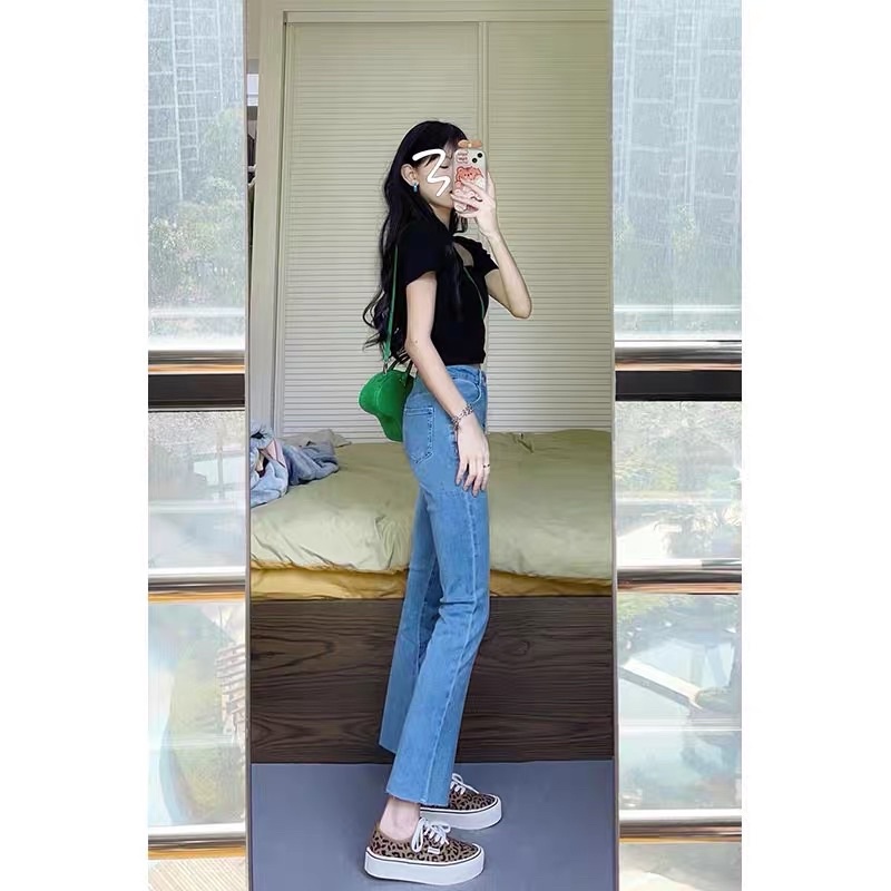 quần jeans bò ống loe màu đen cao cấp cho nữ