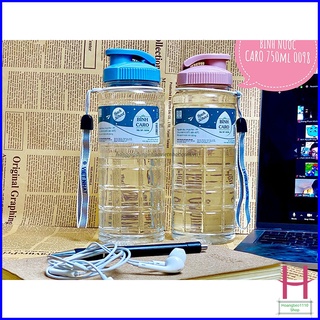 Bình nước học sinh kẻ caro 750ml Việt Nhật 0098, Bình đựng nước thể thao có quai dù treo