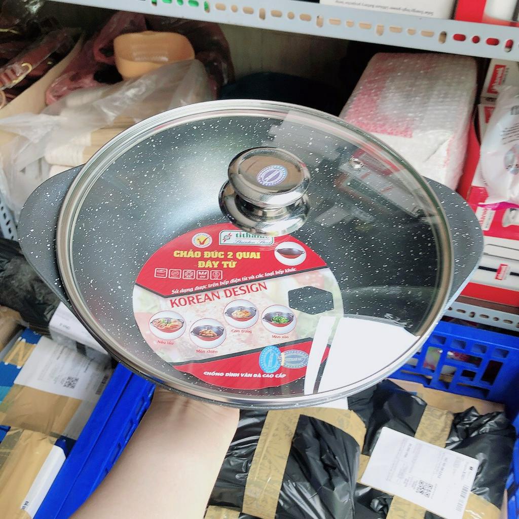 Chảo vân đá đúc 2 quai nắp kính tithafac 24cm - chảo 2 quai