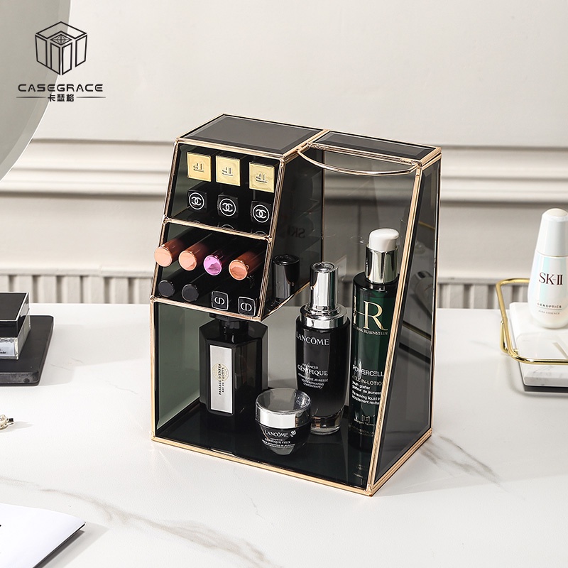 Hộp Đựng Đồ Trang Điểm Đa Năng Bằng Kính Màu Đen Ốp