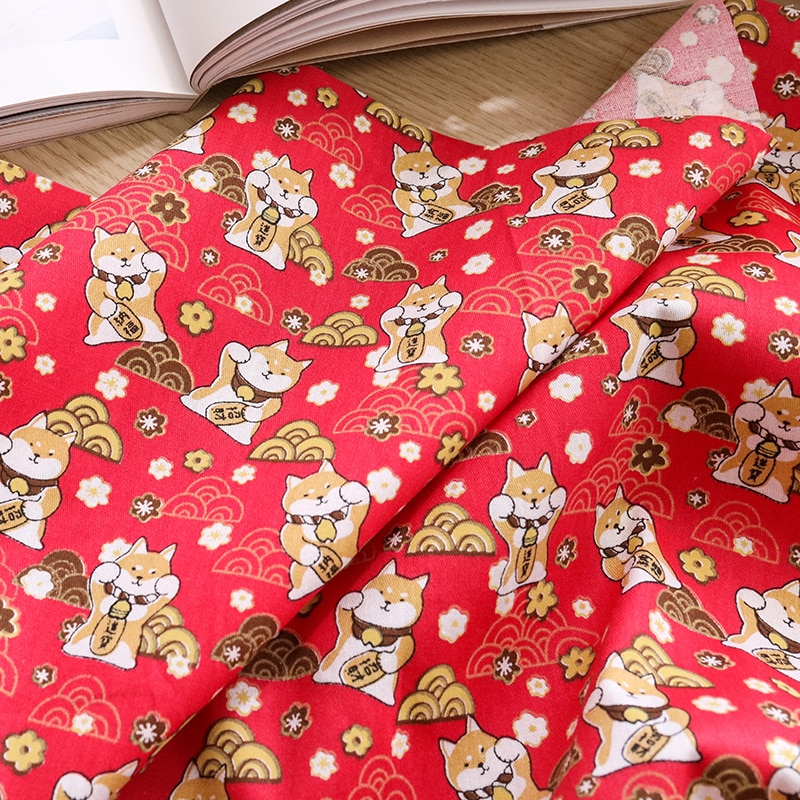 Mèo May Mắn và Chó - Vải Cotton Twill Phong Cách Nhật Bản, 50x160cm