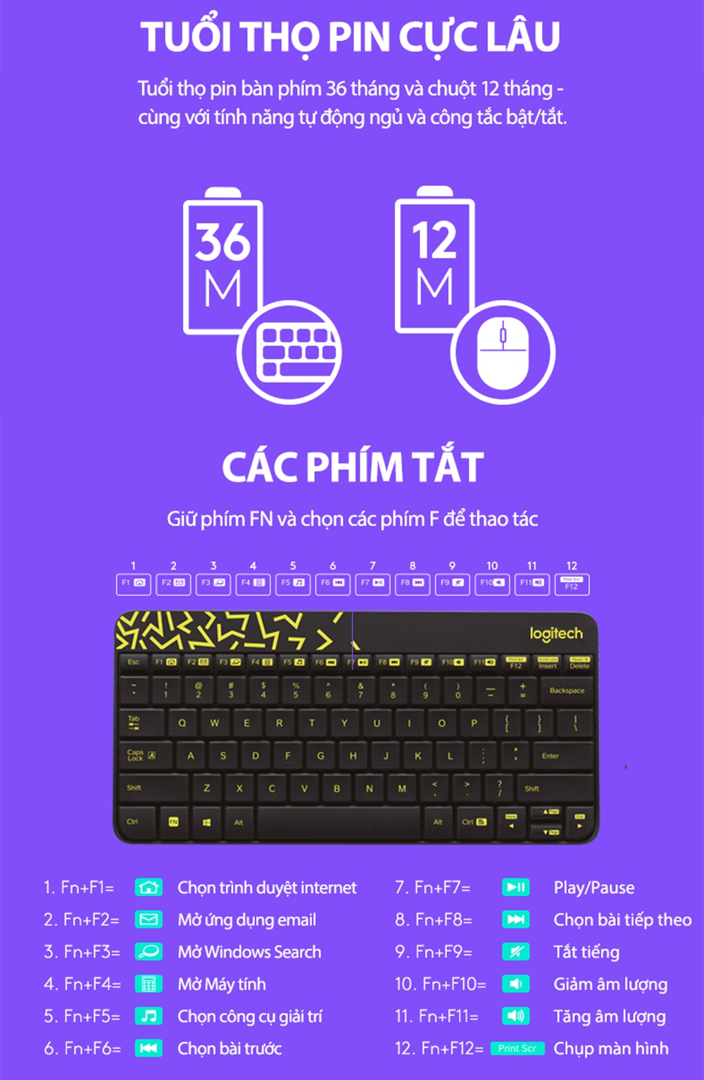 Mô tả Combo chuột phím không dây Logitech MK240 - nhỏ gọn, 1 đầu thu USB, pin lâu - 5