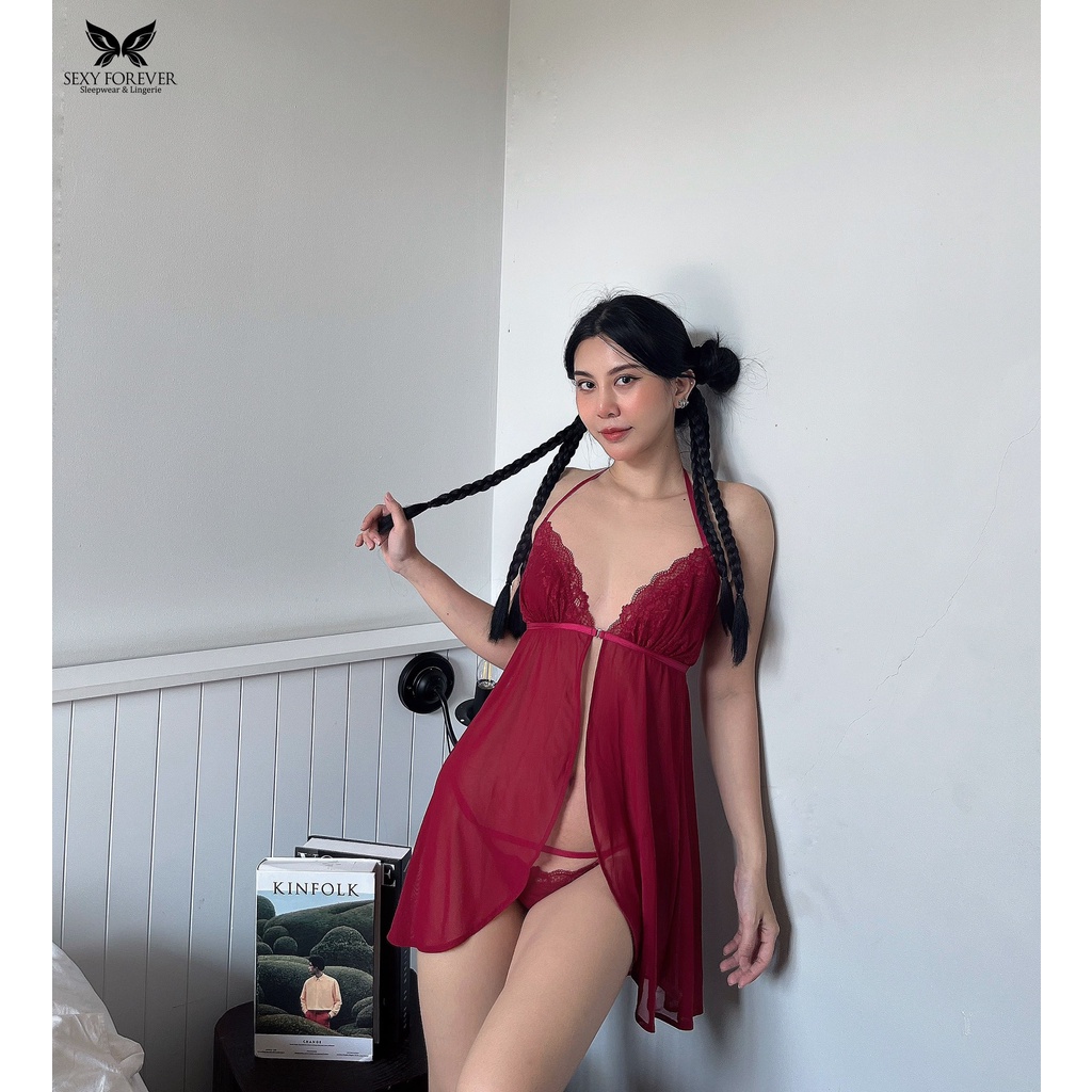 Sexy Forever Váy Ngủ Hai Dây Xuyên Thấu Xẻ Tà Trước Sera