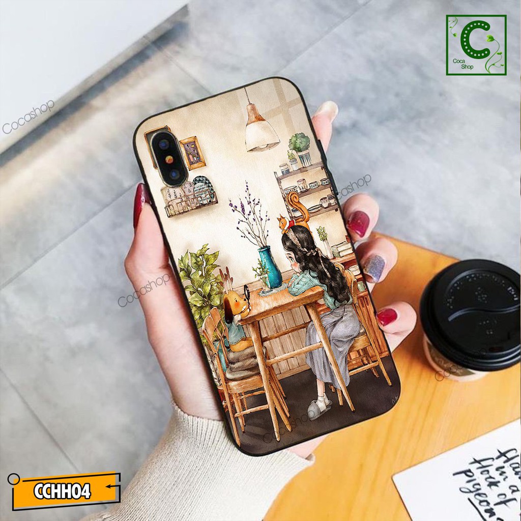 Ốp lưng iphone mặt kính cường lực chống va đập - Cô gái tâm sự cùng chú chó cực dễ thương - 6/6plus/6s/6splus/7/7plus...