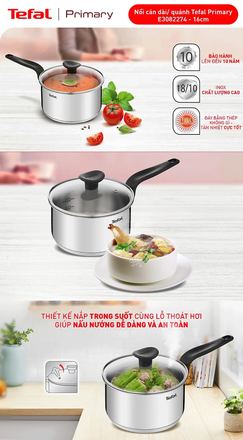Mô tả Nồi cán dài/quánh inox đáy từ Tefal Primary 16cm, 1.5L - 1