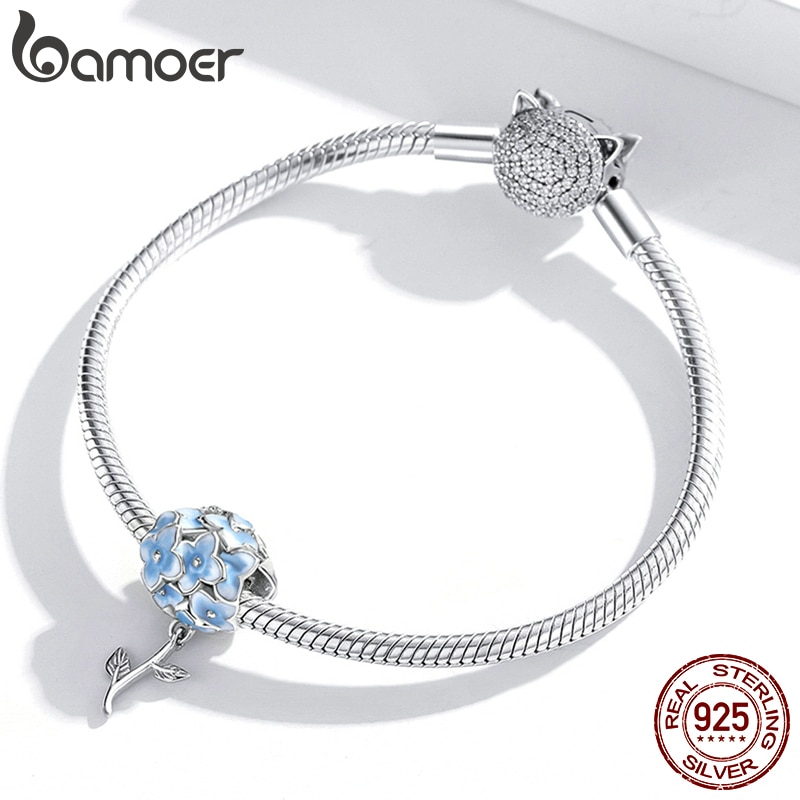 Mặt Dây Chuyền Hạt Charms Gắn Vòng Tay 3D Màu Xanh Dương Hoa Cẩm Tú Cầu Bamoer Bằng Bạc 925 Nguyên Bản Bijoux BSC392