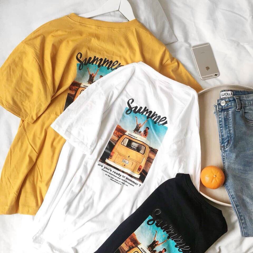 Áo thun unisex nữ tay lỡ dáng rộng vải cotton freesize màu trắng vàng đen - summer