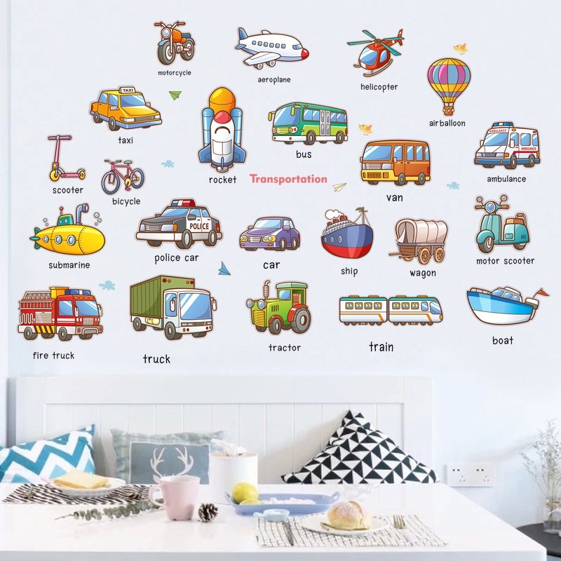 Decal phương tiện giao thông phụ đề tiếng anh cho bé( kt sau dán 1m3*95cm- Tuỳ chỉnh )