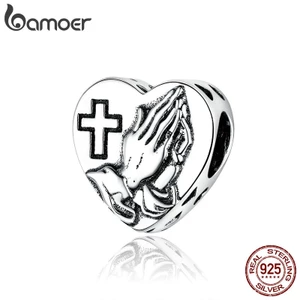 Hạt Xỏ Vòng Tay Bamoer BSC317 Bằng Bạc 925 Kiểu Trái Tim Họa Tiết Bàn Tay Cầu Nguyện Để Làm Trang Sức DIY