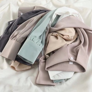 Thời Trang Hàn Quốc Nữ Tính Khí Dài Tay Rời Màu Trơn Áo Sơ Mi Phù Hợp Với Áo Baju Baju Wanita Lengan Panjang