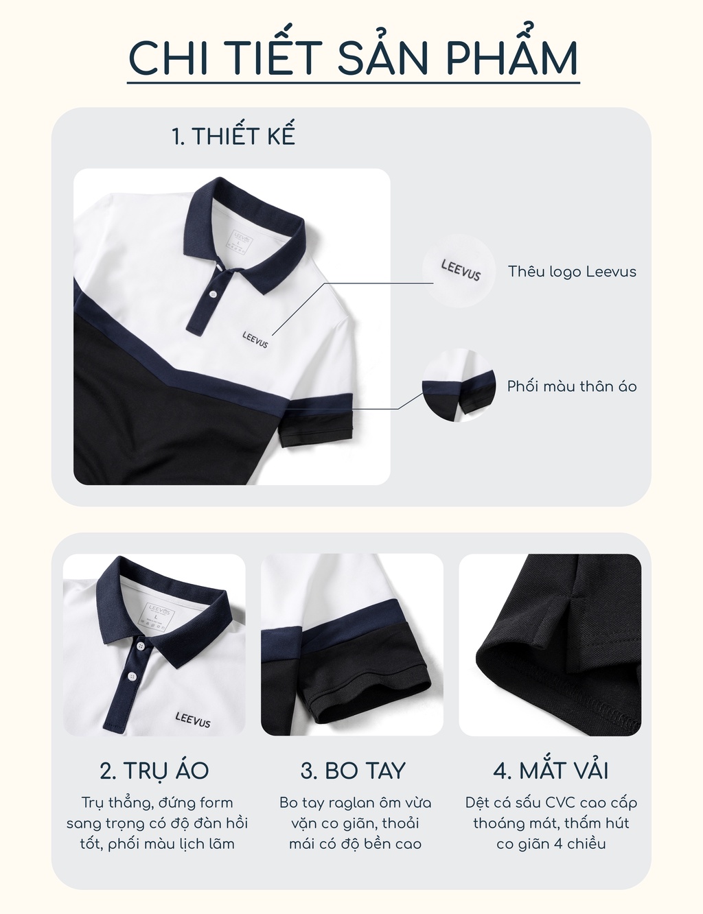 Mô tả Áo Polo nam có cổ RAKEN LEEVUS màu trắng xanh đen, thêu logo, vải CVC cá sấu, form regular APL266 - 2
