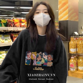 Áo Sweater Cổ Tròn Dáng Rộng In Họa Tiết Màu Đen Thời Trang Mùa Thu Cho Nữ