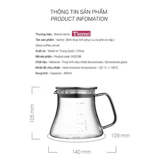Volcano Bình pha cà phê thủy tinh chịu nhiệt Tiamo 400ml nắp inox