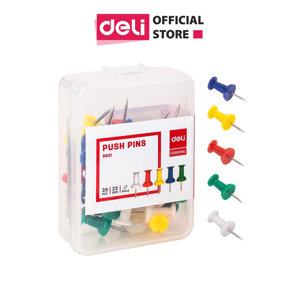 Ghim màu cắm bảng Deli, Đỏ, vàng, xanh, xanh lá, trắng - 35 cái/hộp, 1 hộp E0021