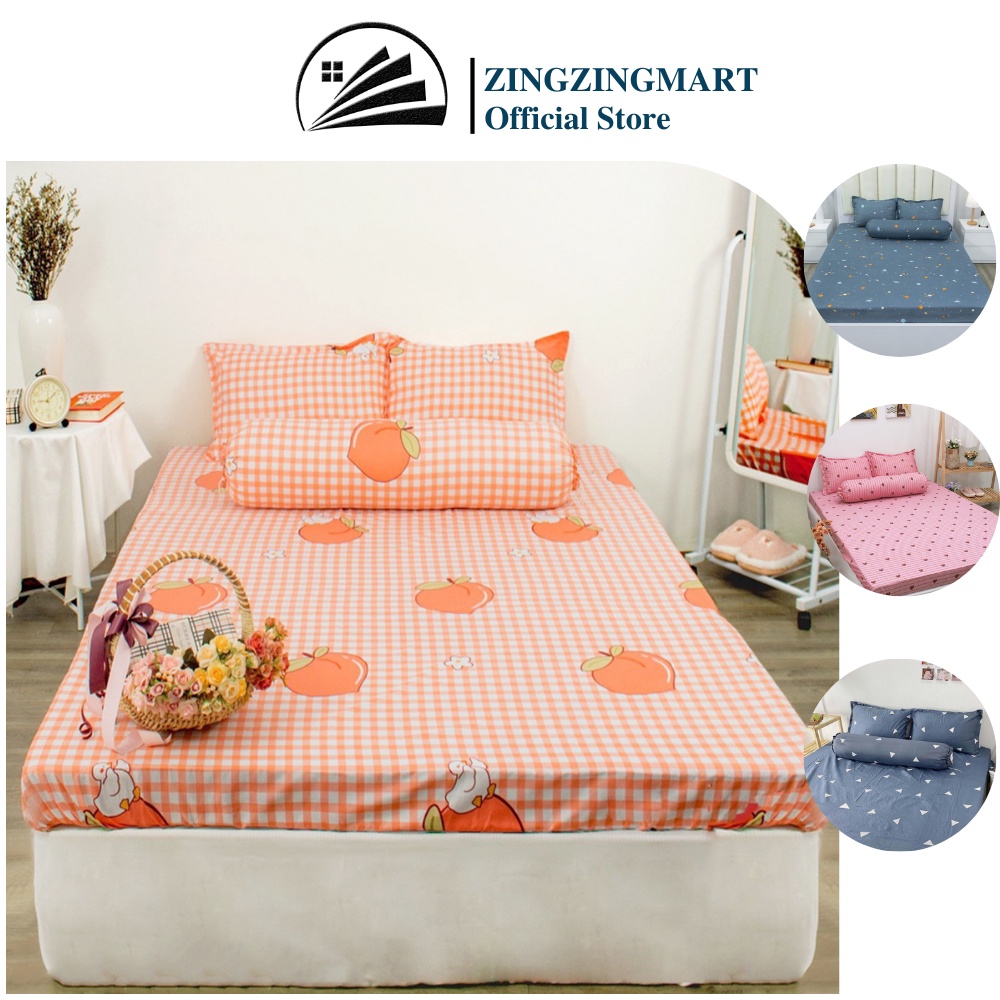 Bộ ga đệm 4 món, Ga trải giường Cotton poly được bo chun sẵn cho đệm (1 Ga + 2 vỏ nằm + 1 vỏ ôm) - Zingzingmart