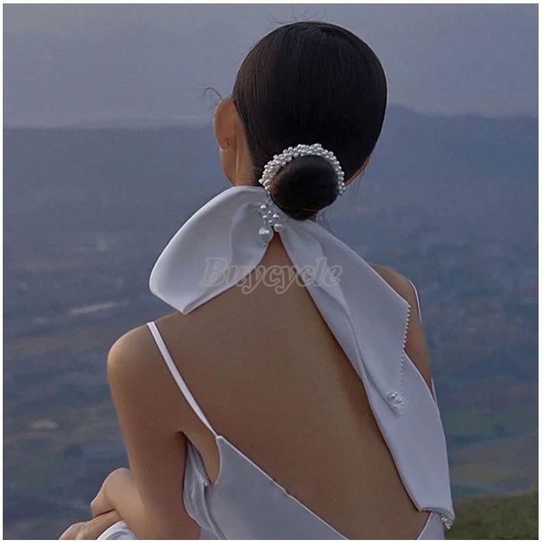 Dây cột tóc cô dâu ruy băng đính hạt ngọctrai phong cách Châu Âu, phụ kiện cài tóc cô dâu mới nhất