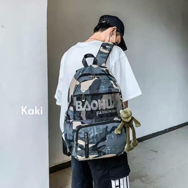 (Xả kho )Balo thời trang nam nữ họa tiết rằn ri phối lưới tặng kèm móc khóa gấu cá tính