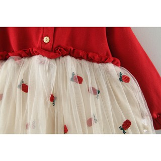 Váy bé gái dài tay thêu quả thơm vải thun cotton phong cách Hàn Quốc D602