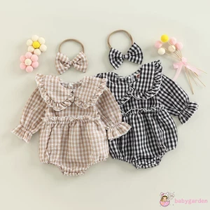 Bộ Áo Liền Quần Tay Dài Cổ Búp Bê Kẻ Sọc Caro + Băng Đô Cài Tóc Thời Trang Mùa Thu Cho Bé Gái 0-18 Tháng Tuổi